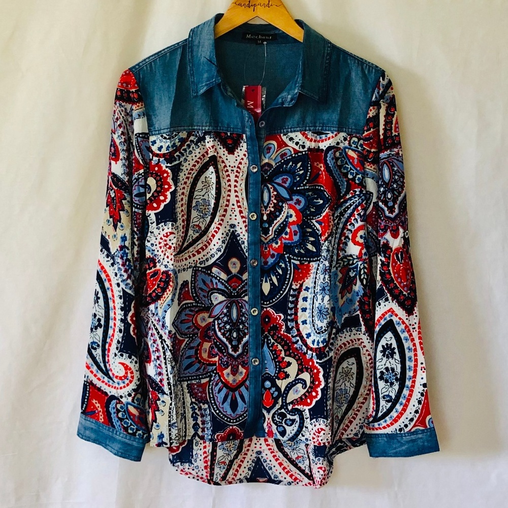 Merchant Mixed Media Paisley Denim Shirt